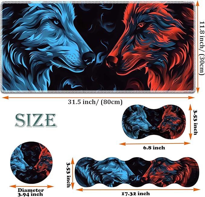 Large Gaming Mouse Pad + Keyboard Wrist Rest + Wrist Support + Coaster Set, Memory Foam Ergonomic for Easy Typing, XXL Extended Gaming Mouse Pad Table Pad - Flame Double Wolf