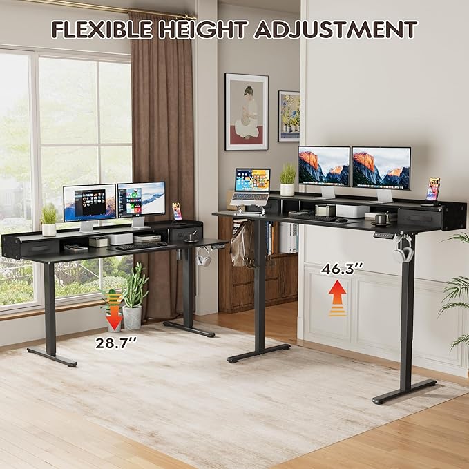 Furmax Electric Standing Desk with Drawers, Stand Up Desk with Storage Shelf Height Adjustable Computer Desk with Organizer for Home Office Ergonomic(Black, 63 Inch)