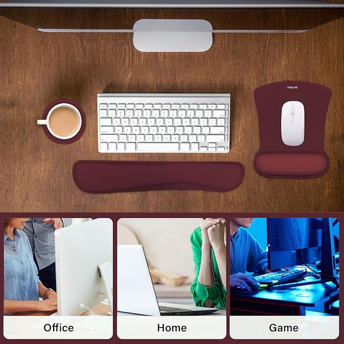 MOSISO Wrist Rest Support for Mouse Pad & Keyboard Set, Ergonomic Mousepad&Coaster Non-Slip Base Home/Office Pain Relief & Easy Typing Cushion with Neoprene Cloth & Raised Memory Foam, Wine Red