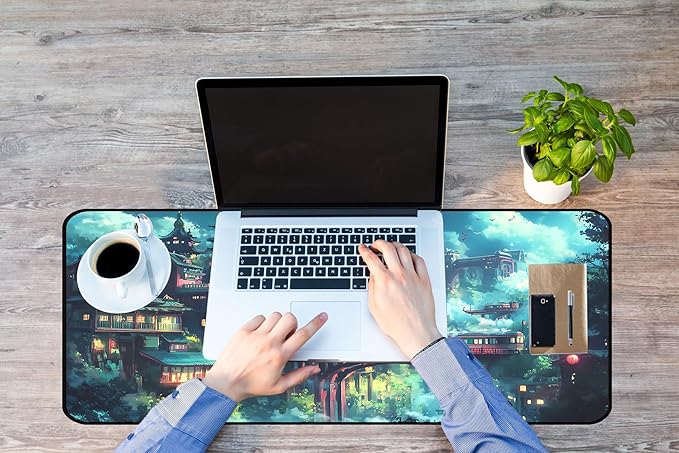 Japanese Anime Desk Mat, Green Forest Mouse Mat XXL, Game Desk Pad, Fantasy Architecture Computer Keyboard Mat, Wireless Mousepad Large,Natural Landscape Home Office Desktop Decor 31.5"X15.7"
