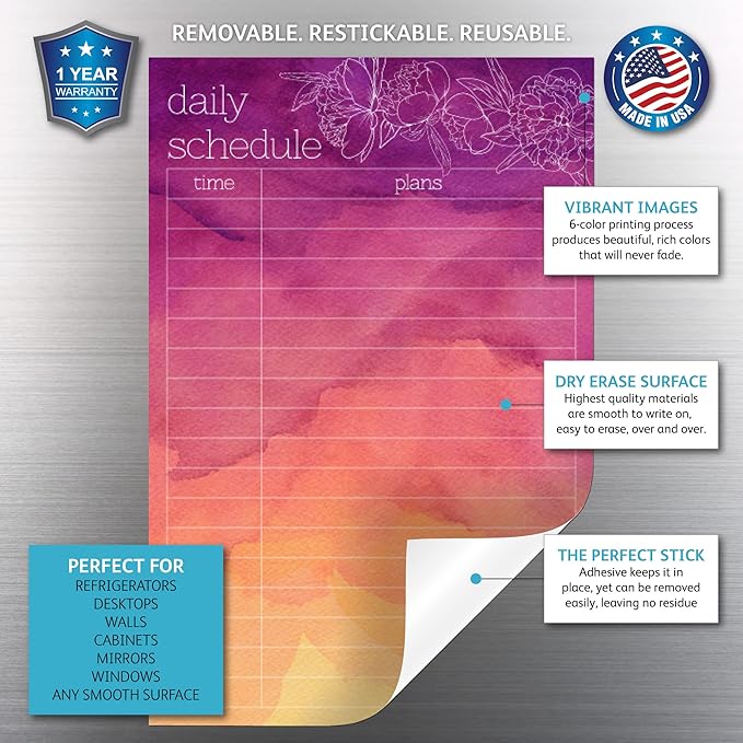Dry Erase Daily Schedule Planner Sticker Decal by Glassboard Studio | Removable & Reusable | Magnetic Fine-Tip Marker Included (6 x 9 inches, Peony)