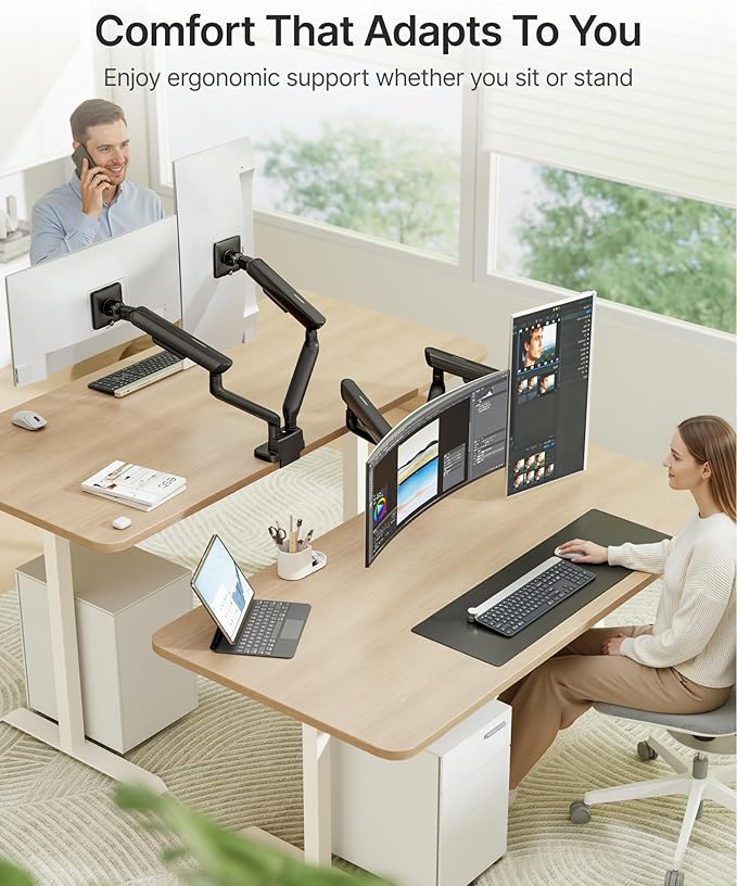 monTEK Dual Monitor Arm with USB, Mechanical Spring Monitor Arm for 17-35" Screens, Adjustable Monitor Desk Mount Each Holds up to 26.4 lbs with C Clamp/Grommet Desk Mount, VESA 75/100mm