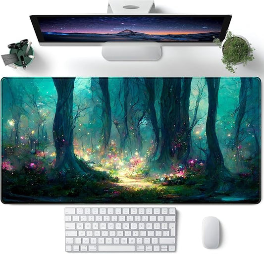 Forest Desk Mat Blue Green Mouse Pad Large Laptop Computer Keyboard Mouse Mat Gaming Mousepad XXL 31.5''X 15.7'' Deskpad Deskmat Cute Desk Pad