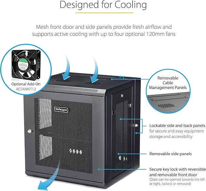 StarTech 4-Post 12U Wall Mount Network Cabinet with 1U Shelf, 19in Wall-Mounted Server Rack Kit, Up to 16in Mounting Depth, Ships Fully Assembled