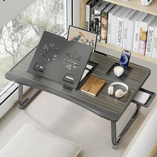 Laptop Desk for Bed, Adjustable Laptops Stand with 6 Different Angles, Portable Lap Tray Table with Storage Drawer and Cup Holder, Laptop Bed Desk Tray for Eating Working Writing Reading (Black)