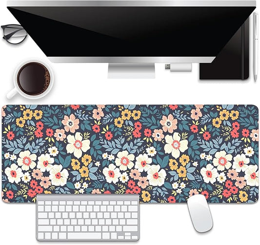 Folk Flowers and Green Leaves Desk Pad Mouse Pad,Floral XL Mouse Mat with Stitched Edges,Non-Slip Rubber Base Large Mousepad for Office PC Keyboard Laptop and Homework Desk Mat(31.5X11.8 in)