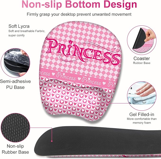 Mouse Pad with Wrist Support 4 in1 Set, XXL Big Game Mousepad + Keyboard Wrist Rest + Mouse Wrist Rest Pad +Coaster Gaming Mat for Home Office Work Computer Laptop I Pink Checkered Princess Girl