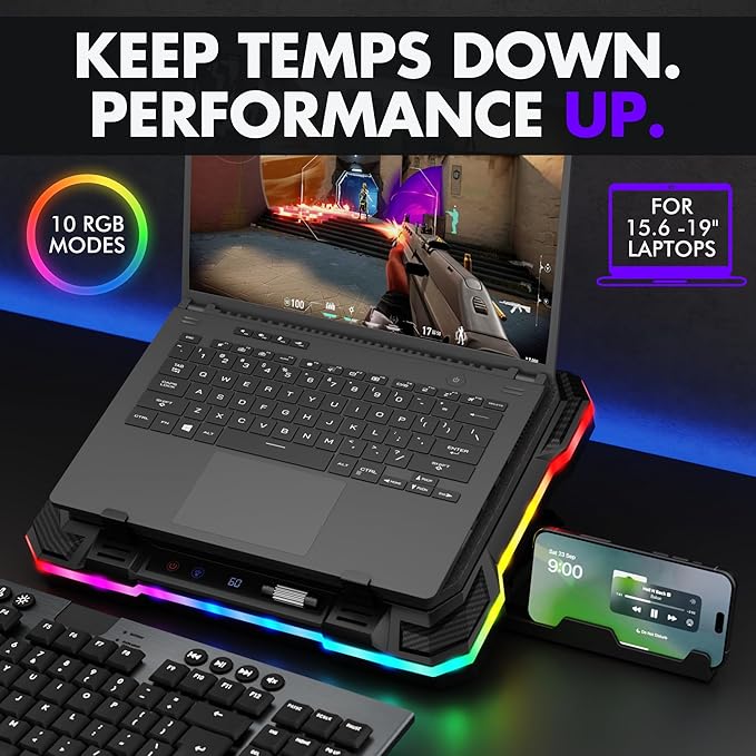 Tilted Nation Gaming Laptop Cooling Pad with USB Hub - Boost Performance, Stay Comfortable - RGB Laptop Cooler Stand with Adjustable Height & Fan Speed, RGB, USB (C + A) Hub, for 15.6" - 19" Laptops