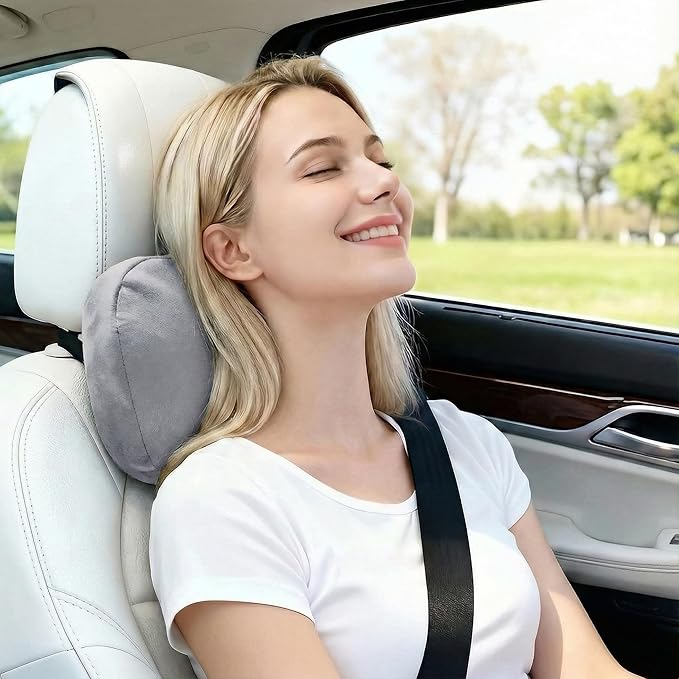 2PCS Car Pillow for Car Neck Pillow for Driving Seat Leather Neck Support Soft Cushion Back Support Head-Rests for Vehicle Sleeping with Elastic Adjustment Strap (Grey, Head)