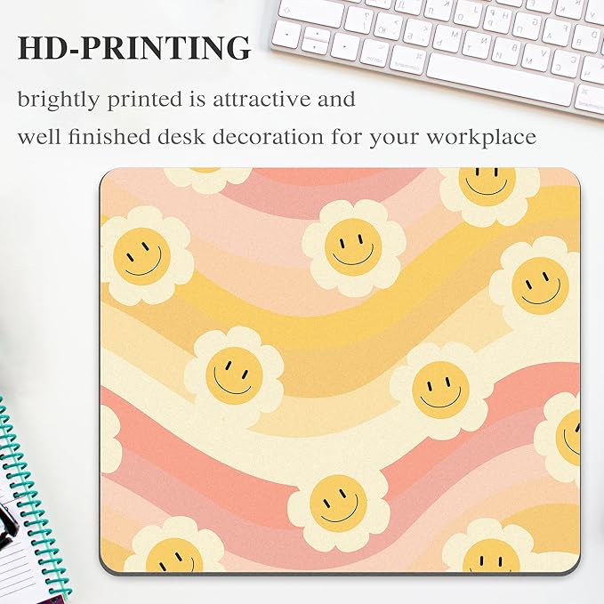 Smile Face Mouse Pad Desk Retro Orange Yellow Rainbow Cute Daisy Groovy Flower Mousepad Sun Floral Aesthetic Square Laptop Computer Office Small Portable Wireless Mat Accessories Girly Teacher