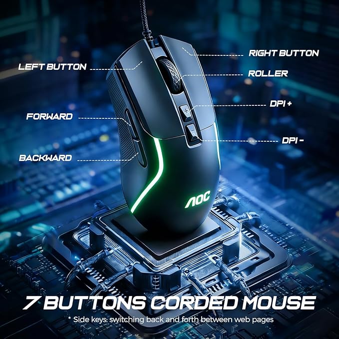 AOC GM170 Wired Gaming Mouse, Black Ergonomic Gamer Corded Mouse USB Computer Mouse Wired with 7 Buttons, Adjustable 7200DPI Optical Game Mice RGB Lighting for PC Laptop Desktop