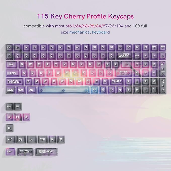 Retro Anime PBT Keycaps-Cherry Keycaps, Custom Keyboard Key caps 60 65 75 100 Percent, 5 Side Dye Sublimation 141 Keys Set for Cherry Gateron MX Switches Keyboards, White (Transparent Purple)