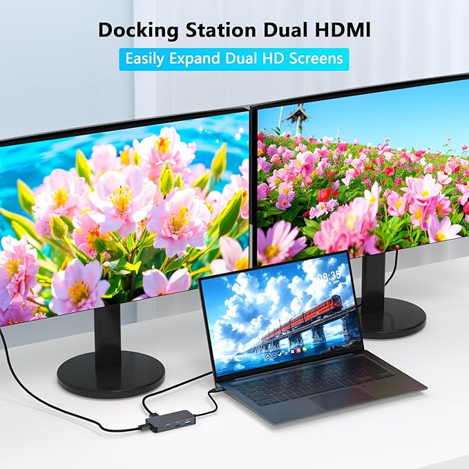 Docking Station Dual Monitor for Dell/HP/Mac Laptops, 7 IN 1 USB C to Dual HDMI Adapter Multiport Hub with 2*4K HD, 3*USB-A/USB-C Data Port, 100W PD, HDTV Splitter for Dual Monitors Extended Display