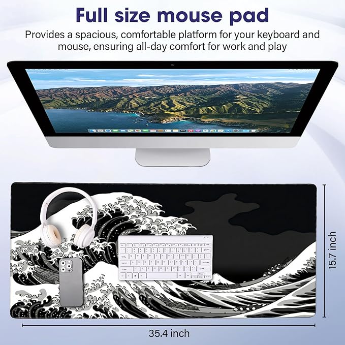 LifetimeWarrantly Japanese Sea Wave Large Gaming Mouse Pad – 35.4" x 15.7" Full Desk Mat, Non-Slip Rubber Base, Stitched Edges, Waterproof, Durable Surface for Esports, Office, Home