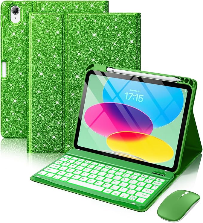 Hamile for iPad A16 Case with Keyboard - Mouse Backlit Wireless Detachable Keyboard Glitter Folio Cover with Pencil Holder for iPad 11th Gen A16 11-inch 2025 10th Generation 10.9 Inch 2022 - Green