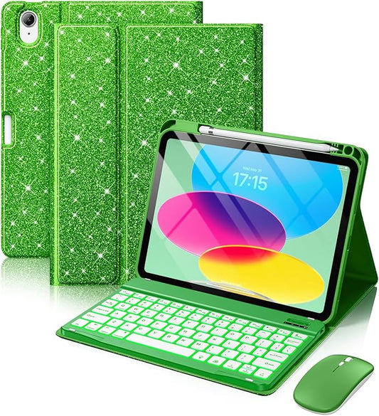Hamile for iPad A16 Case with Keyboard - Mouse Backlit Wireless Detachable Keyboard Glitter Folio Cover with Pencil Holder for iPad 11th Gen A16 11-inch 2025 10th Generation 10.9 Inch 2022 - Green