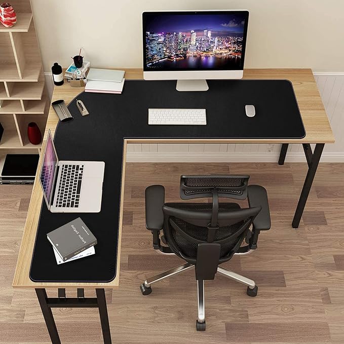 Vyaaa 51 inch L Shaped Desk Mat, Black Leather Corner Desk Mat Pad,Large Dual Sided Gaming Mouse Pads, Non-Slip Laptop Desk Pad, Office and Home