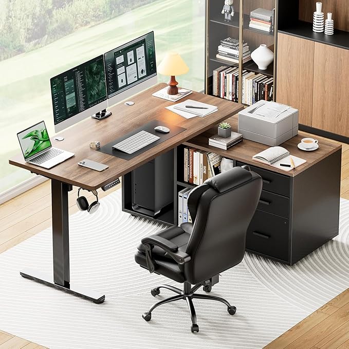 Marsail L-Shaped Executive Standing Desk with File Cabinet, 55" x 24" Electric Height Adjustable Stand up Desk, One-Whole Piece Desktop, Home Office Modern Computer Desk with 4 Memory Presets