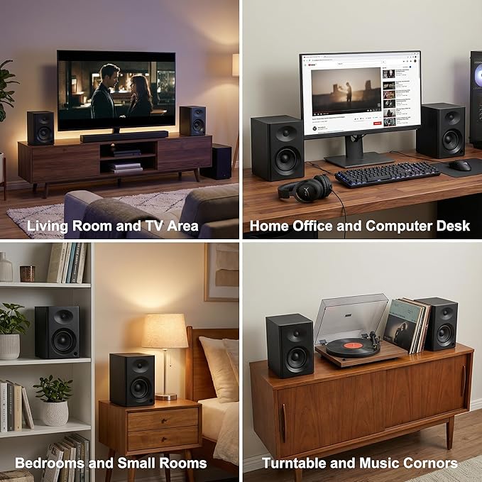 Bookshelf Speakers for Studio Monitors, 80W Peak Output HiFi Gaming Speakers, 4" Desktop Audio System for TV, Laptop, Record Player, Gifts, Black Pair