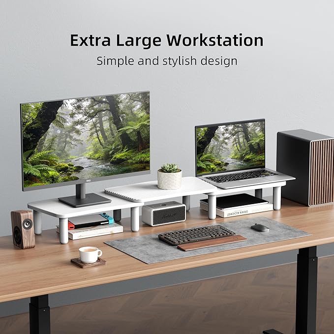 Dual Monitor Stand For Desk,Adjustable Height Long Wood Computer Riser For Computer,Laptop,Printer,TV,White