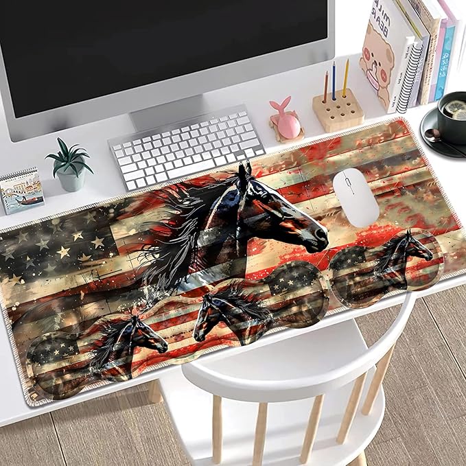Large Gaming Mouse Pad + Keyboard Wrist Rest + Wrist Support + Coaster Set, Memory Foam Ergonomic for Easy Typing, XXL Extended Gaming Mouse Pad Table Pad - Flag Horse American