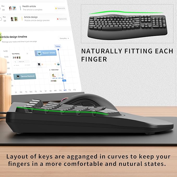 RECCAZR Ergonomic Keyboard, Wired Computer USB Keyboard with Wrist Rest, Spill-Resistant, Wave Keys for Natural Typing, Compatible with Windows/PC/Laptop(Black)