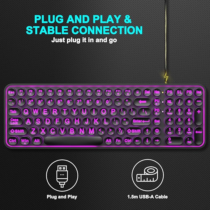 Large Print Backlit Keyboard, Wired USB Lighted Computer Keyboards with 7-Color Backlit, Oversized Print Letters, Quiet Typewriter Keyboard with Retro Round Keycaps for Windows PC, Laptop