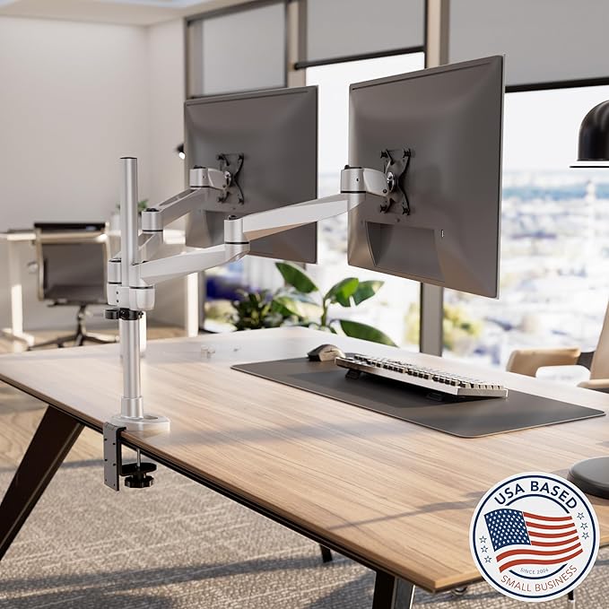 Mount-It! CLiX Dual Monitor Desk Mount Full Motion Arms, TAA-Compliant, Monitor Mounts for 2 Monitors 13-32" up to 19.8 lbs Each, VESA 75 100, C-Clamp Grommet, Premium Aluminum Dual Monitor Arm Silver