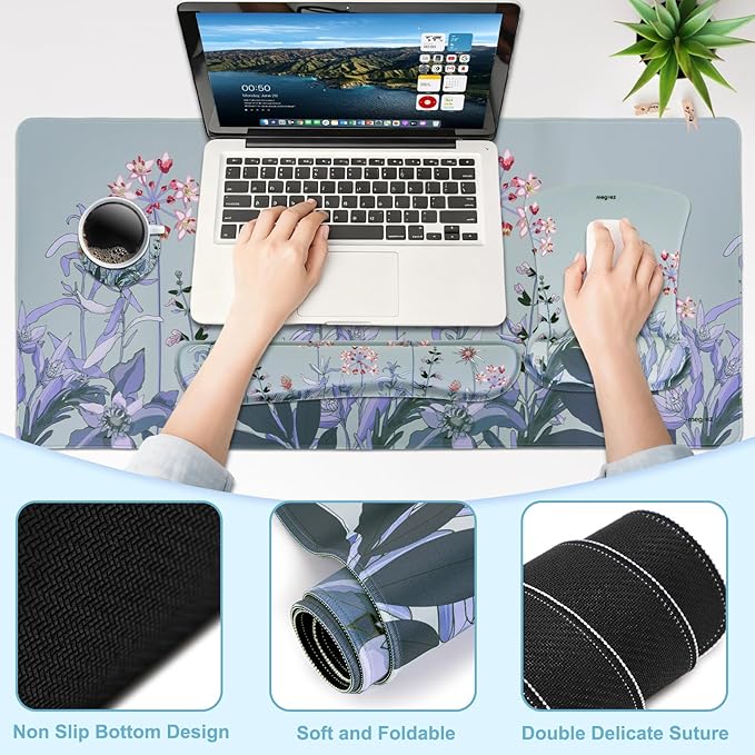 MEGREZ 4-in-1 Ergonomic Memory Foam Wrist Rest Set, Desk Pad, Mouse Pad with Wrist Rest, Keyboard Pad, Suitable for Office Workers, Programmers & Gamers–Relieve Typing & Gaming Fatigue, Blue Gray