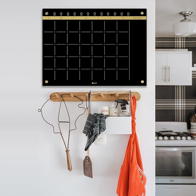 Black Glass Golden Monthly Dry Erase Calendar Whiteboard for Wall, 17" x 23", Frameless Large Planner White Board for Home Kitchen Office, 4 Wet Erase Markers Included, Yeoux