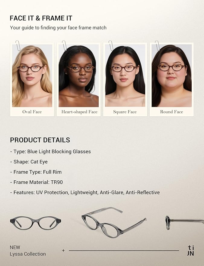 TIJN Lyssa Blue Light Glasses for Women Men,Retro 90s Oval Cat Eye Frame Eyeglasses,Lightweight TR90 Computer Gaming Eyewear