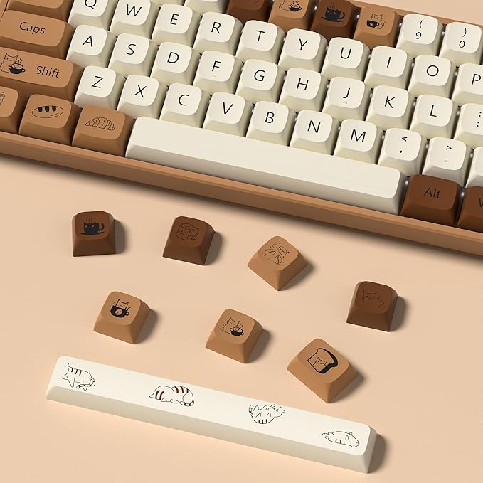dagaladoo Brown PBT Keycaps 140 Keys XDA Profile Cute Key caps Dye-Sublimation Coffee Cat Keycaps Set Custom Key caps for Cherry Gateron MX Swithes Mechanical Keyboard(Spacebar is 6.25U/7U)