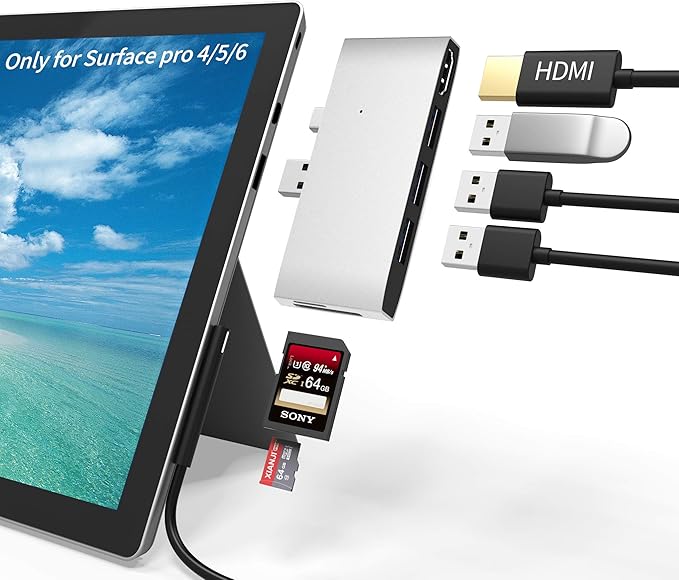 Surface Pro 4/Pro 5/Pro 6 Docking Station USB Hub USB 3.0 Hub Adapter, SD & TF/Micro SD Memory Card Reader, 4K HDMI Port Converter Accessories for Surface Pro 6/5/4