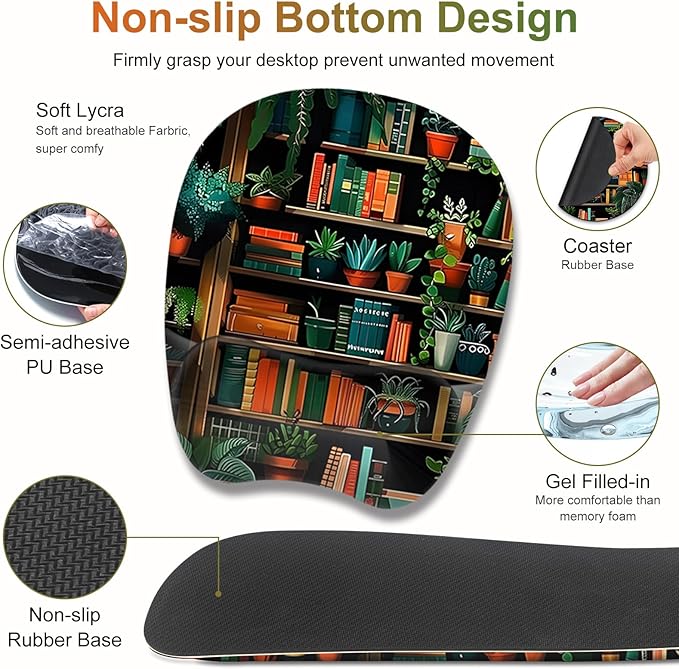 Mouse Pad with Wrist Support 4 in1 Set, XXL Big Game Mousepad + Keyboard Wrist Rest + Mouse Wrist Rest Pad +Coaster Gaming Mat for Home Office Work Computer Laptop PC I Green Vine Book Forest