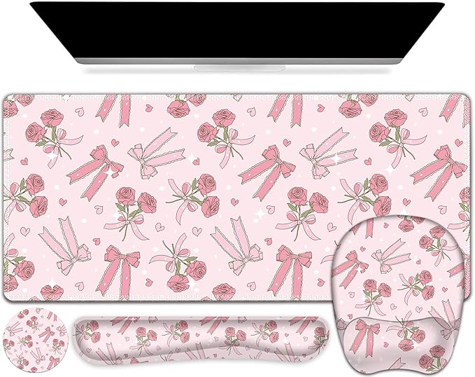 Pink Mouse Pad with Wrist Support 4 in1 Set, XXL Big Game Mousepad + Keyboard Wrist Rest + Mouse Wrist Rest Pad +Coaster Gaming Mat for Home Office Work Computer Laptop PC I Sweet Rose & Heart Bow