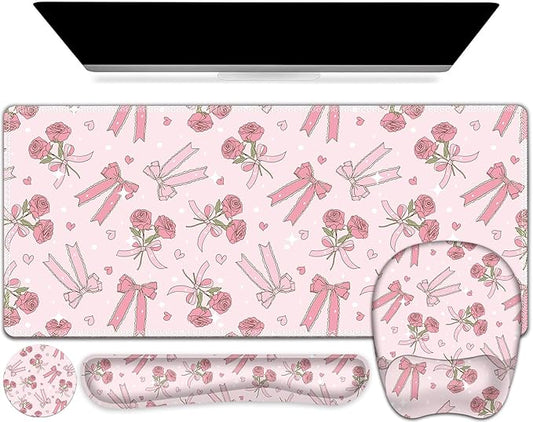 Pink Mouse Pad with Wrist Support 4 in1 Set, XXL Big Game Mousepad + Keyboard Wrist Rest + Mouse Wrist Rest Pad +Coaster Gaming Mat for Home Office Work Computer Laptop PC I Sweet Rose & Heart Bow