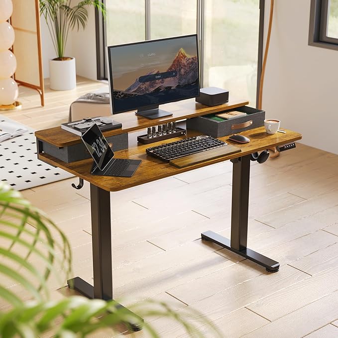 Seang Electric Standing Desk with 2 Drawers, Adjustable Standing Desk with Storage Shelf, Height Adjustable Stand up Desk for Home Office with 3 Presets & 2 Hooks,48 Inch, Rustic Brown