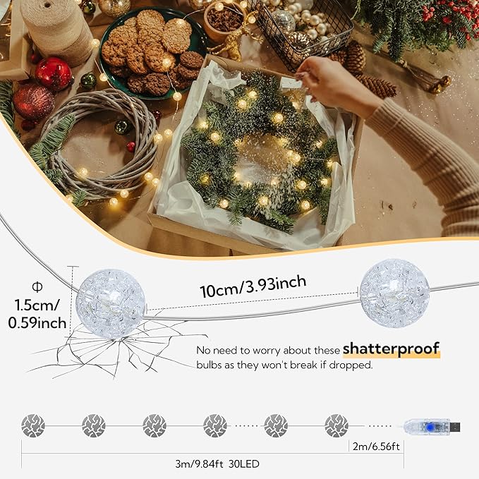 Globe String Lights,10FT 30 LED Decorative Christmas Lights,8 Modes Crystal Crackle Ball Lights,USB Twinkle Fairy Lights for Bedroom,Indoor,Outdoor,Classroom,Wedding,Party,Garden,Warm White