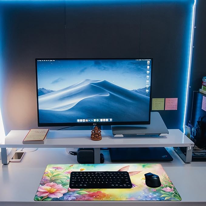 Large Gaming Mouse Pad for Desk, Watercolor Flying Hummingbird Desk Mat, Beautiful Garden Desk Pad, 31.5"x15.7" Extended Big Computer Keyboard Mouse Pad with Non-Slip Base and Stitched Edge