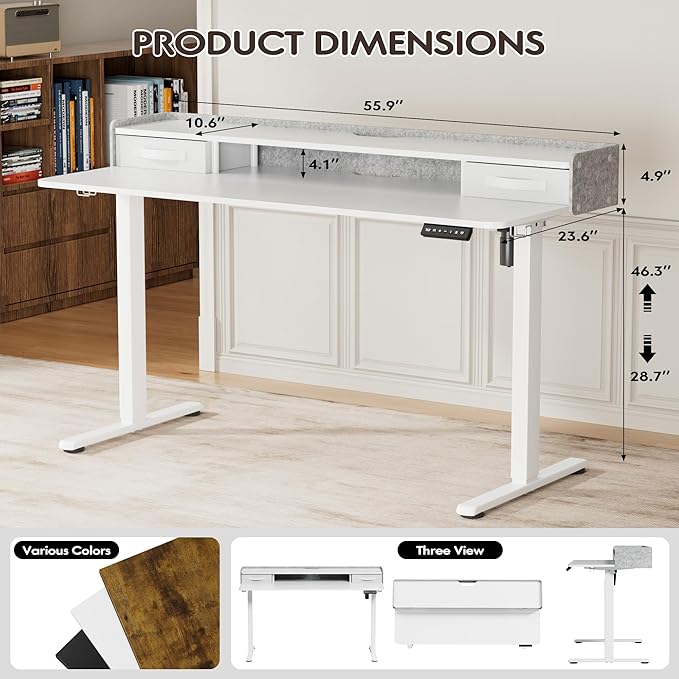 Furmax Electric Standing Desk with Drawers, Stand Up Desk with Storage Shelf Height Adjustable Computer Desk with Organizer for Home Office Ergonomic(White, 55 Inch)