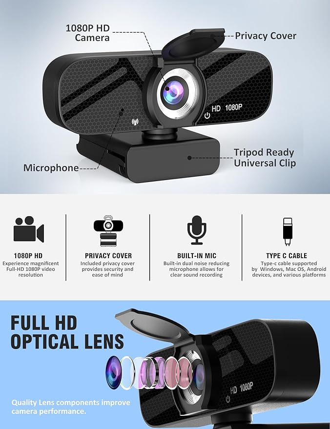 1080P HD Webcam with Built-in Microphone, Rotatable Tripod, Wide-Angle Lens,Privacy Cover, Auto Light Correction, Plug & Play USB-A Webcam for Laptop, Desktop, PC, Streaming-Black