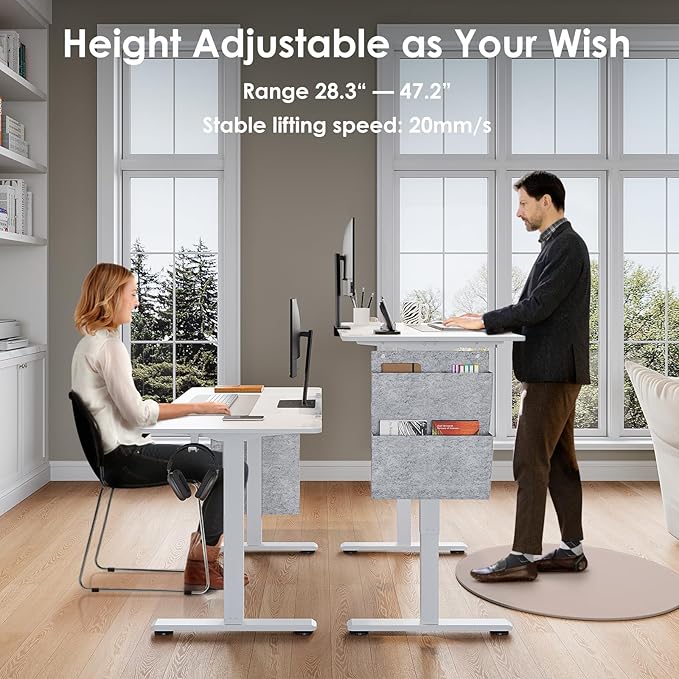 48" x 24" Electric Standing Desk with Drawers, Height Adjustable Sit Stand Desk with 3 Preset Heights Side Hook Storage Pocket Cable Clips Ergonomic Rising Home Office Computer Table, White