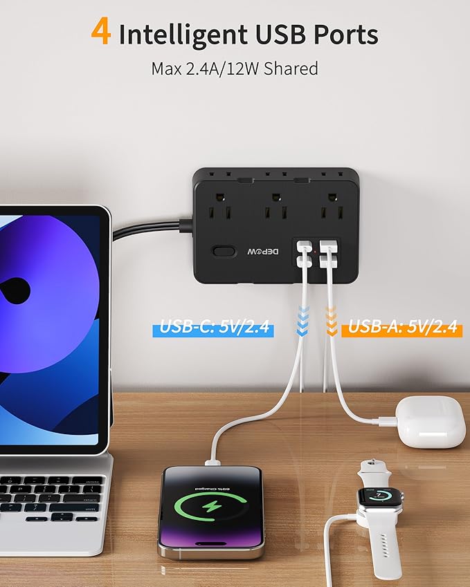2 Prong to 3 Prong Adapter Power Strip, 5FT Black Extension Cord with 6 Outlets & 4 USB Ports (2 USB-C), 1050J Two Prong Surge Protector, Wall Mount - Ideal for Old Houses