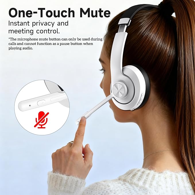 AOC Wireless Headset with Mic for Work with Noise Cancelling Mic for Clear Calls, 30H Playtime PC Bluetooth Headphones and Multipoint Connect to Laptop Computer and Mobile, Wired or USB Dongle- White