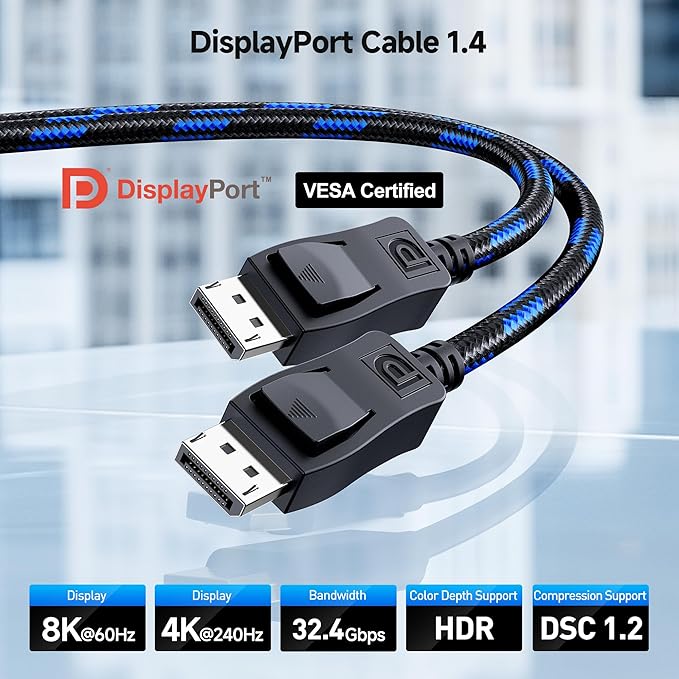 Cable Matters [VESA Certified] 6 ft 32.4Gbps Braided DisplayPort Cable 1.4, 8K 60Hz / 4K 240Hz DisplayPort 1.4 Cable with FreeSync, G-SYNC and HDR for Gaming Monitor, PC, RTX 4080/4090, RX 6800/6900