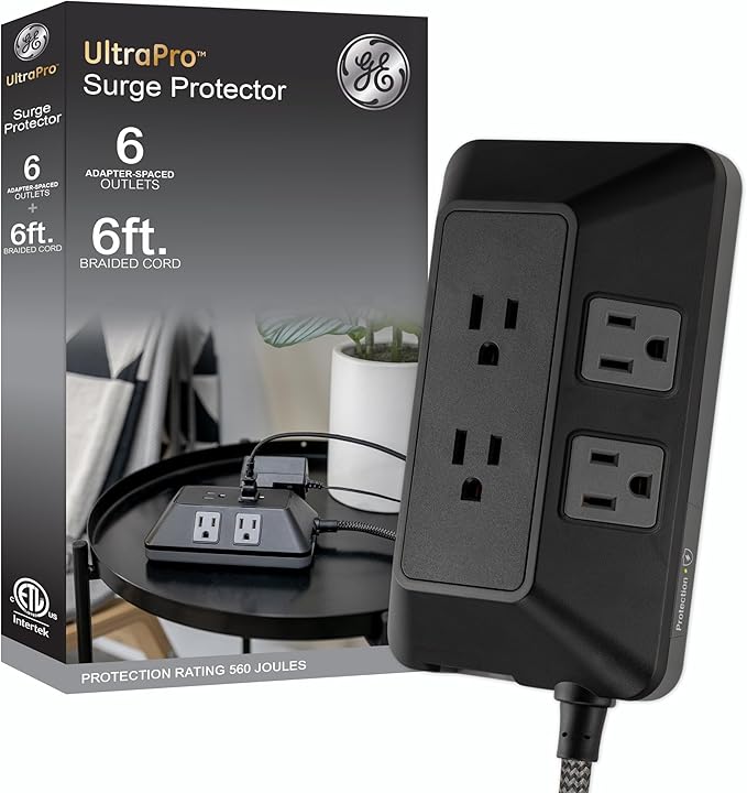 GE 6-Outlet Surge Protector, 6 Ft Braided Extension Cord Power Strip, Flat Plug, Adapter Spaced, Multi Plug Outlet Extender, for Home, School, and Office, 560J, Black - 70614
