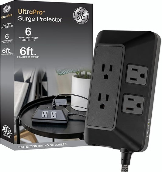 GE 6-Outlet Surge Protector, 6 Ft Braided Extension Cord Power Strip, Flat Plug, Adapter Spaced, Multi Plug Outlet Extender, for Home, School, and Office, 560J, Black - 70614