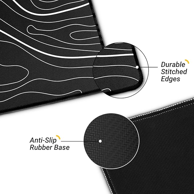 Large Computer Mouse Pad with Non-Slip Base for Desktop, Cute Gaming Mouse Mat with Stitched Edges, Long Extended Anime Mousepad for Laptop, 31.5 x 11.8 inches (Black Topographic Map)