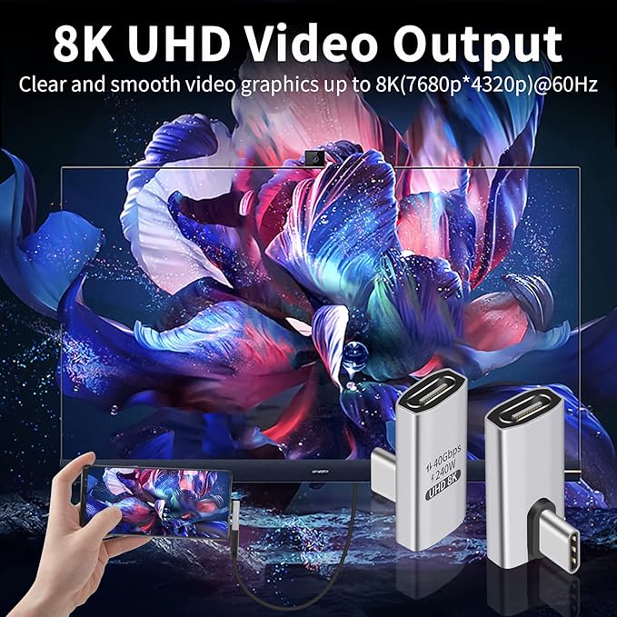 Duttek 90 Degree USB C Adapter, Right Angle USB C Male to Female Adapter, 40Gbps Data Transfer, 8K@60Hz Video, Compatible with Thunderbolt4/3, Laptop, Tablet, Phone (1 Pack)