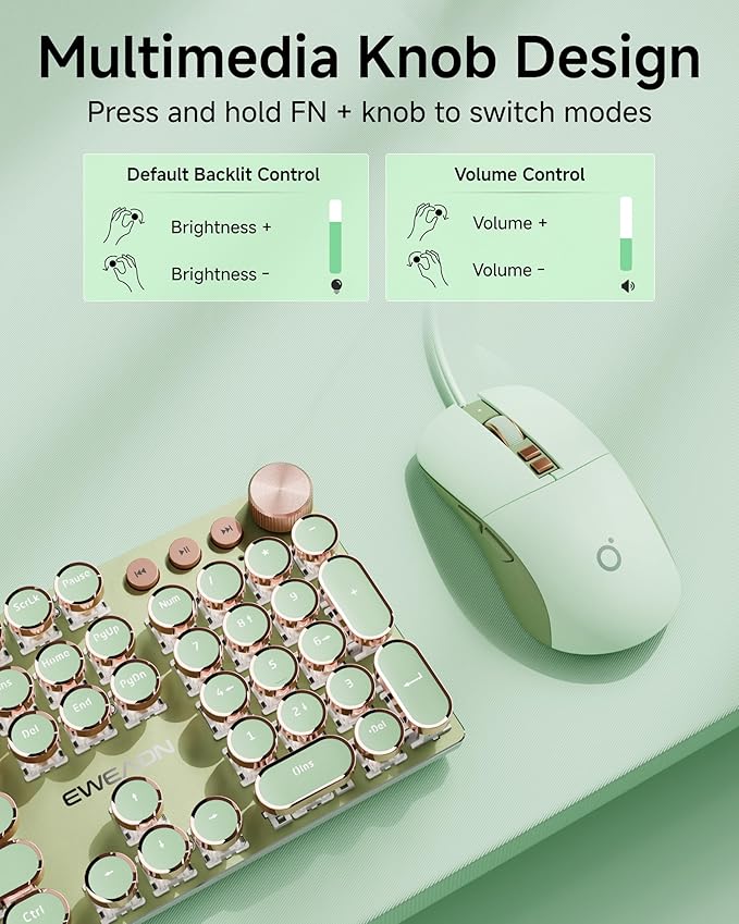 EWEADN Wired Typewriter Keyboard and Mouse Combo, Typewriter Style Mechanical Gaming Keyboard,104 Keys Backlit LED Keyboards, Media Control Knob, Wired Keyboard Pink Switch for Windows/Mac/PC-Green